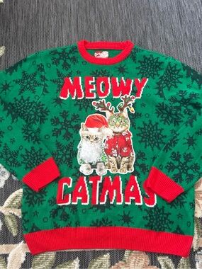 Unisex Adult Large Party Sweater Dec 25 Ugly Christmas Sweater Cats Meow Kitty